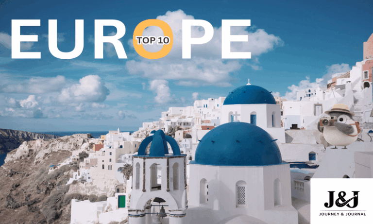 Top 10 Europe travel destinations with Santorini Greece blue dome buildings and scenic coastal view