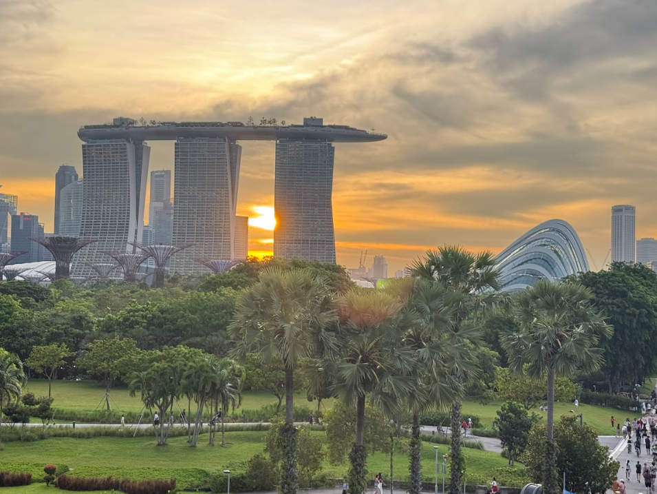 Sunset over Singapore skyline and gardens