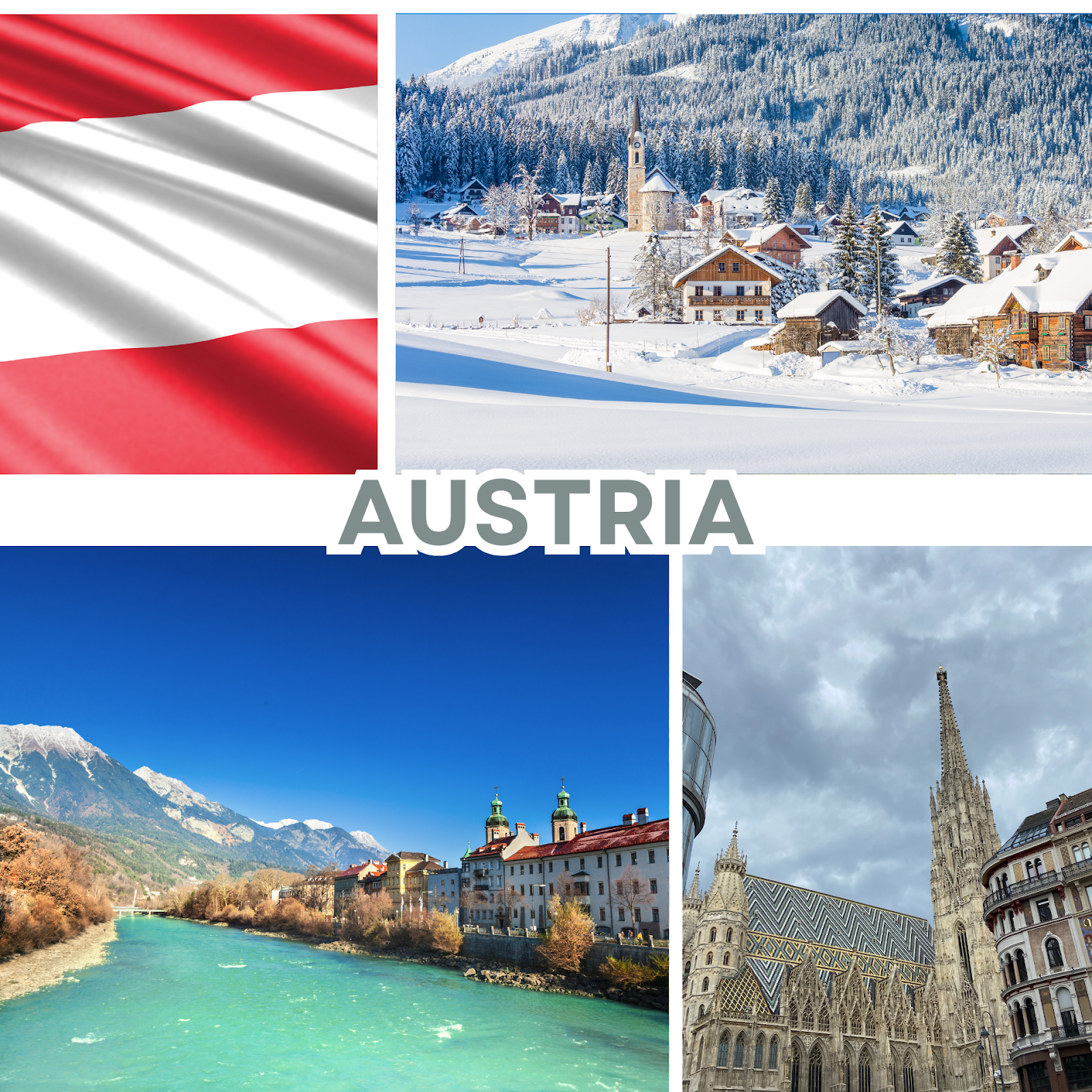 Austria travel collage with Austrian Alps village in winter, Innsbruck river view, St Stephen Cathedral Vienna and Austria flag