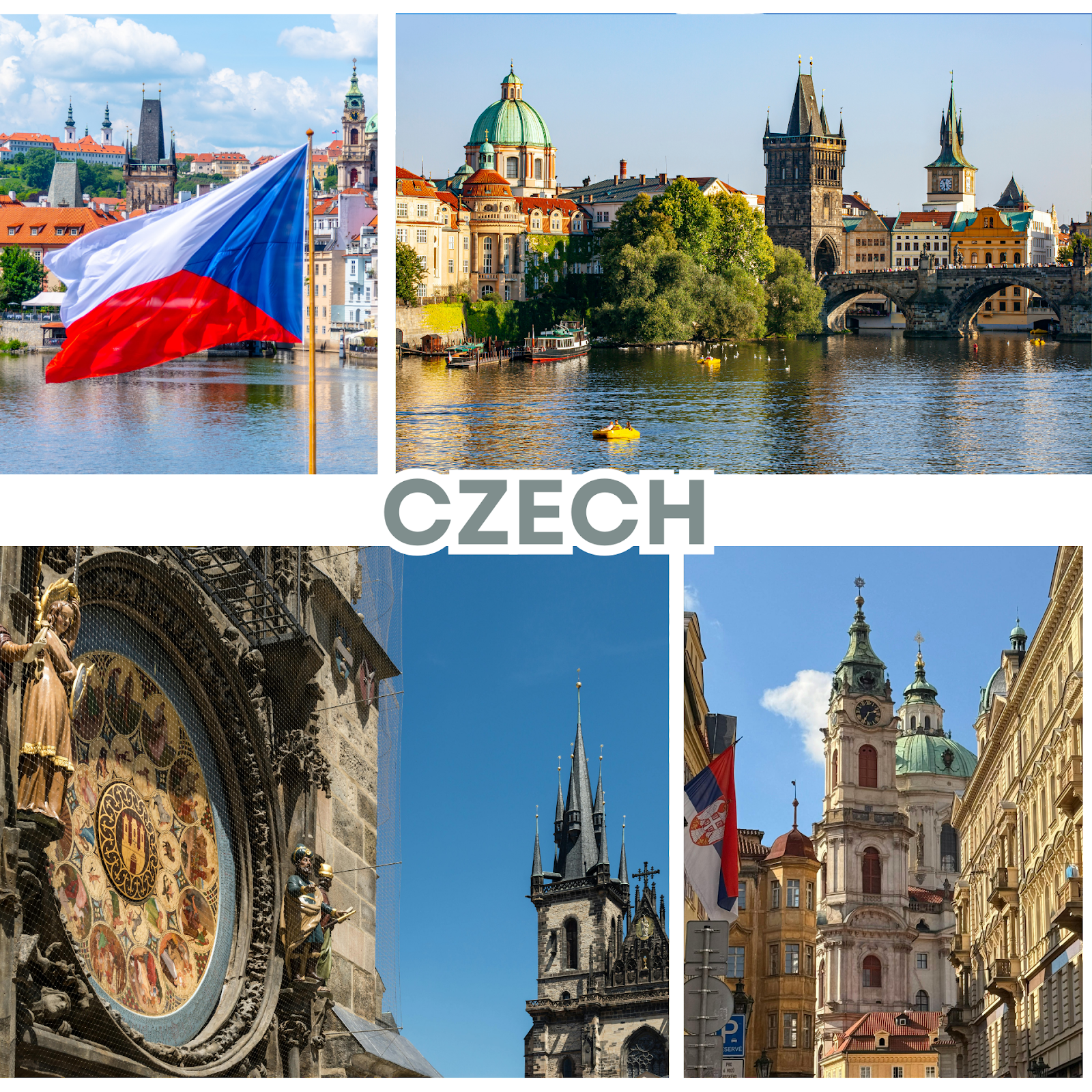 Czech Republic travel collage with Prague Charles Bridge, Old Town Astronomical Clock, Prague skyline and Czech flag