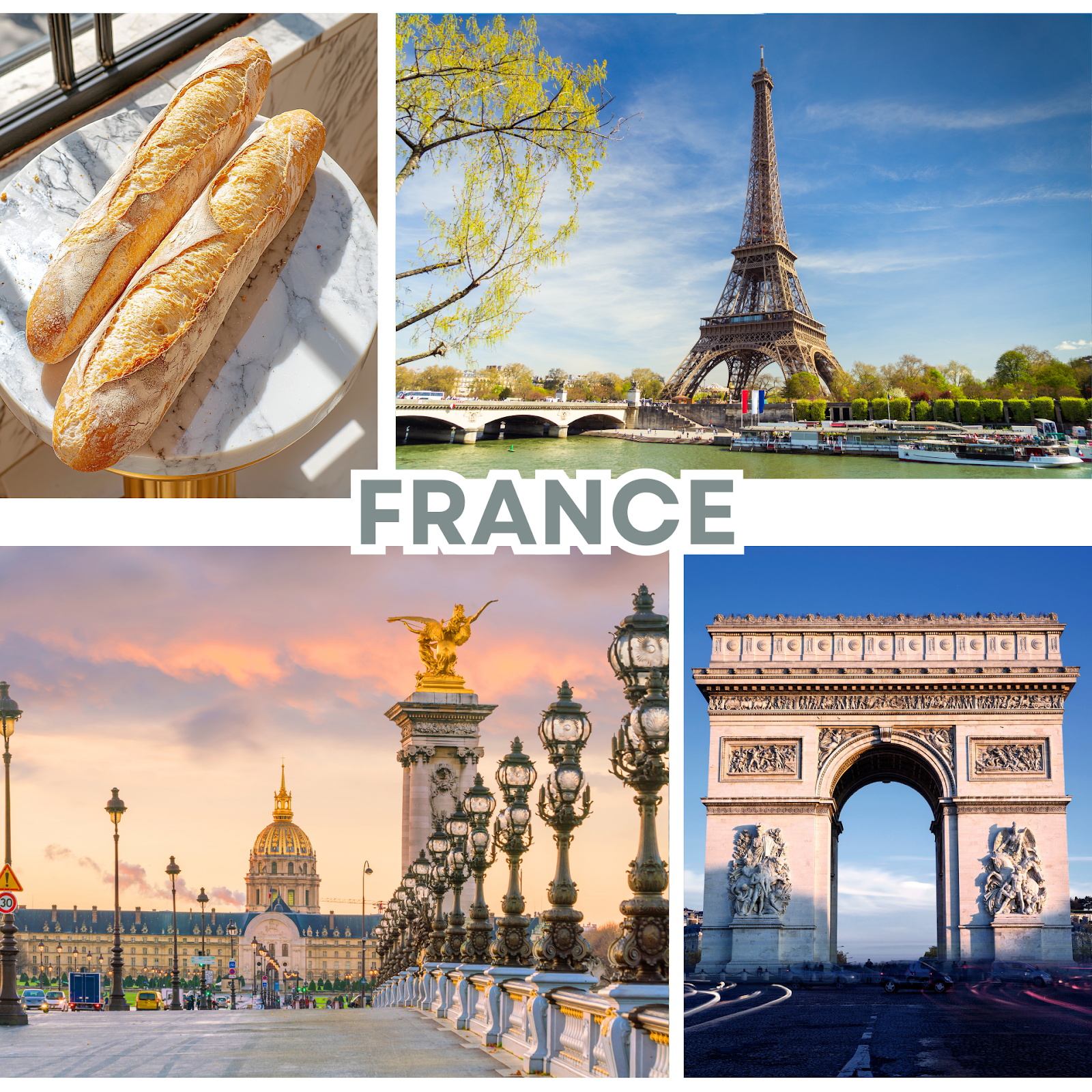 France travel collage with Eiffel Tower Paris, Arc de Triomphe, Pont Alexandre III bridge and French baguette bread