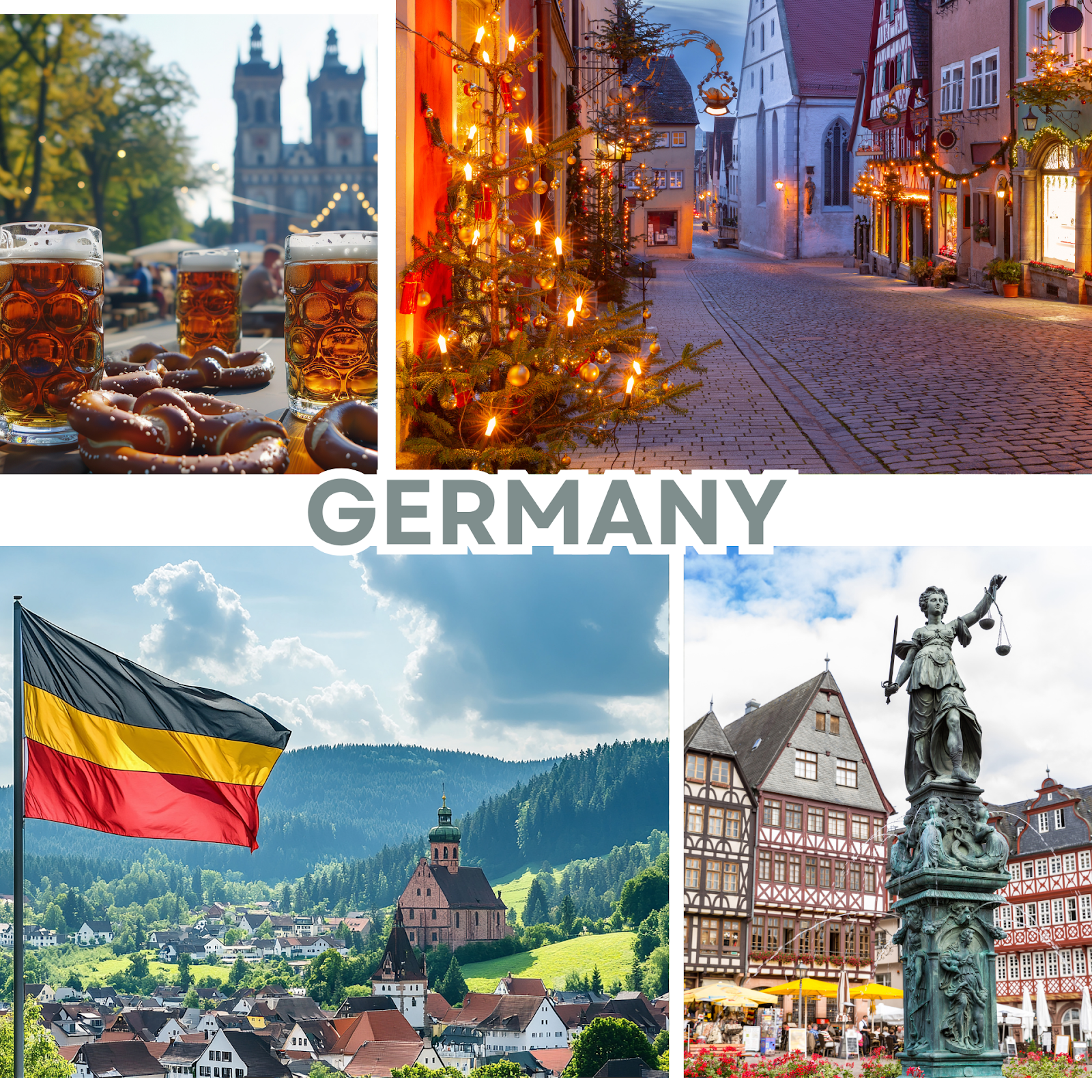 Germany travel collage with Oktoberfest beer and pretzel, Christmas street market, German village landscape and historic town square