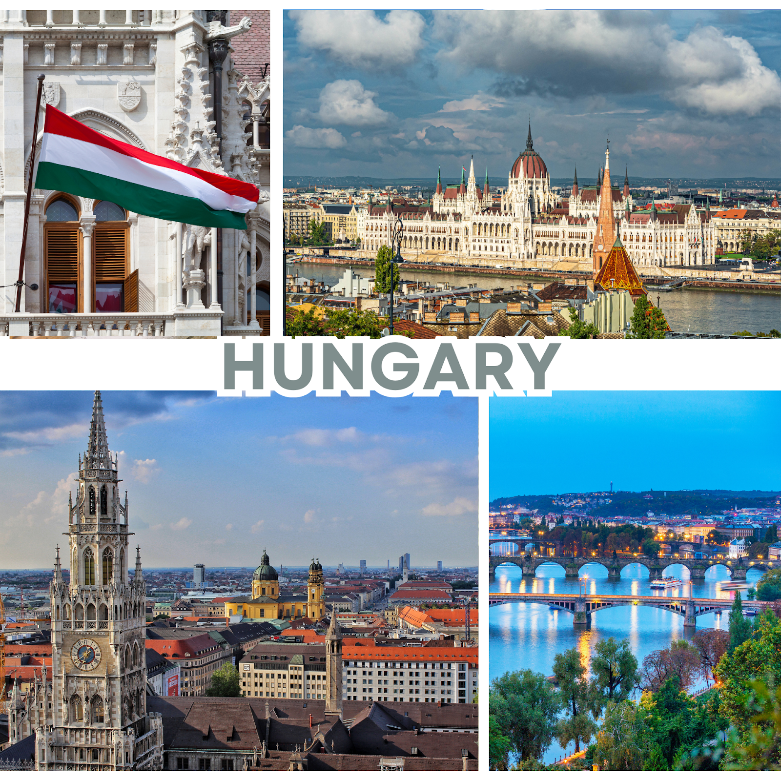 Hungary travel collage with Budapest Parliament, Danube River bridges, city skyline and Hungarian flag