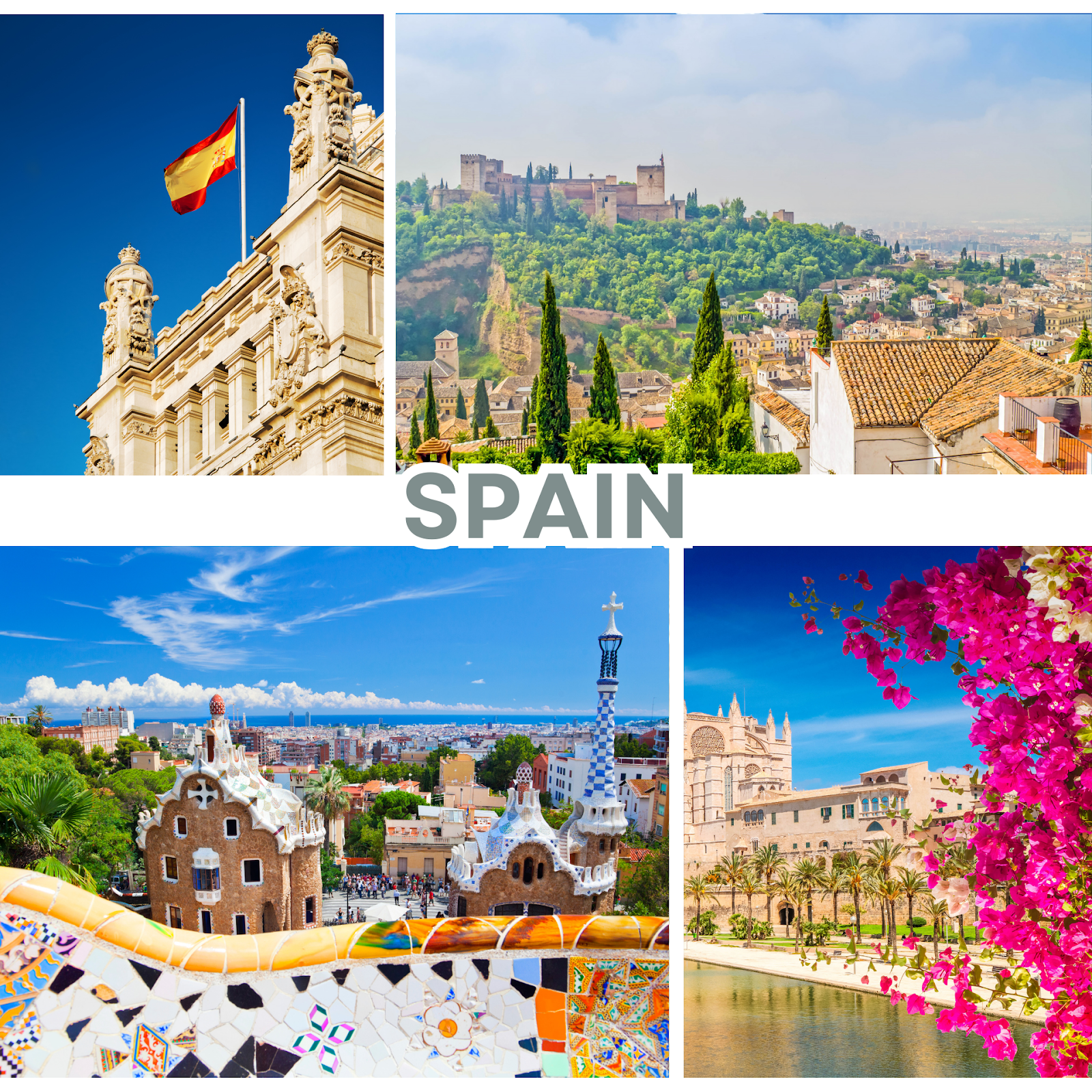 Spain travel collage with Barcelona Park Güell, Granada Alhambra, Mallorca cathedral and Spanish flag