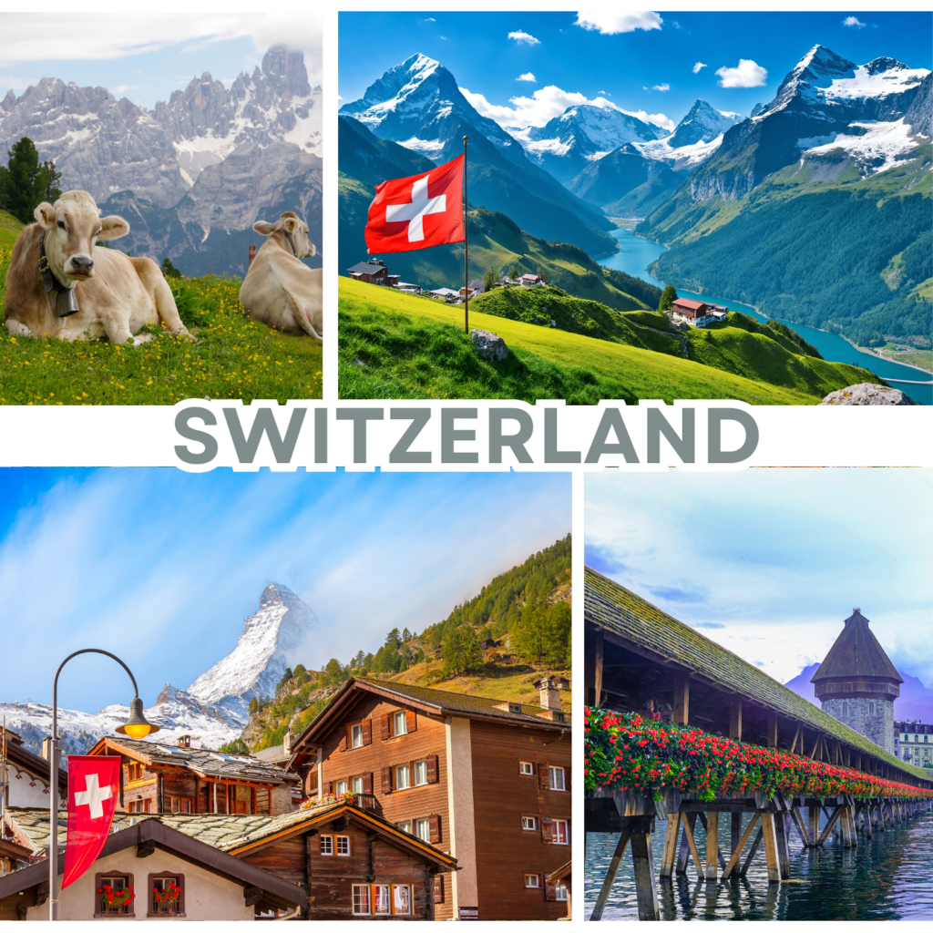 Switzerland landscape with Swiss Alps mountains, Matterhorn village, Lake valley, cows in alpine meadow and Chapel Bridge Lucerne