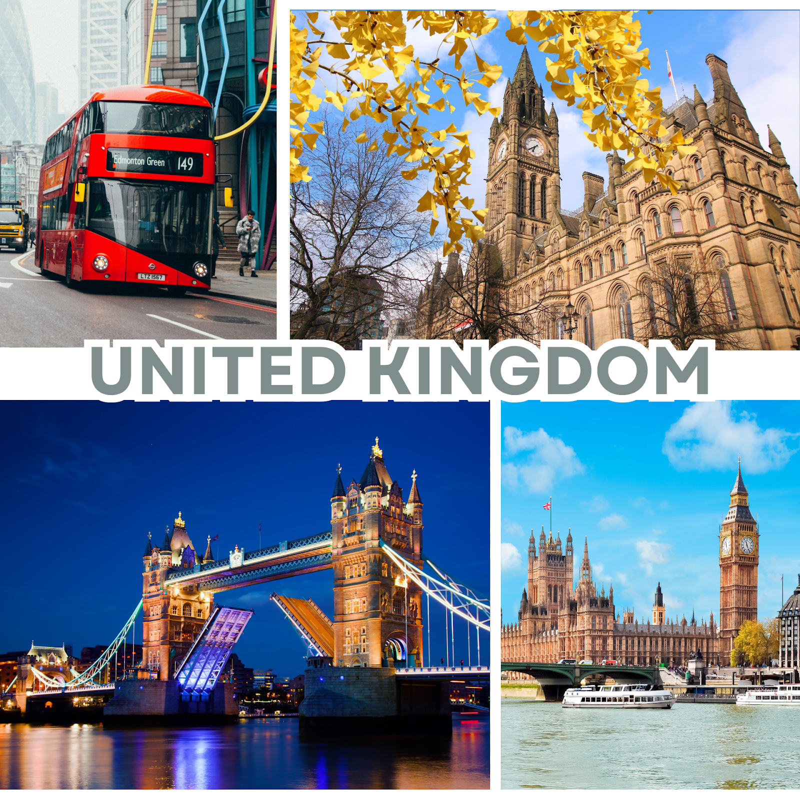 United Kingdom travel collage with London red double decker bus, Tower Bridge, Big Ben and Houses of Parliament