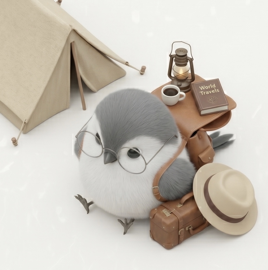 Cute bird with travel accessories.