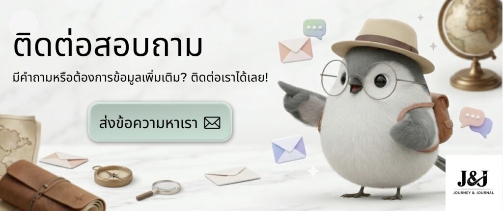 Contact us banner featuring a traveler bird mascot with glasses pointing to the side, surrounded by mail and chat icons