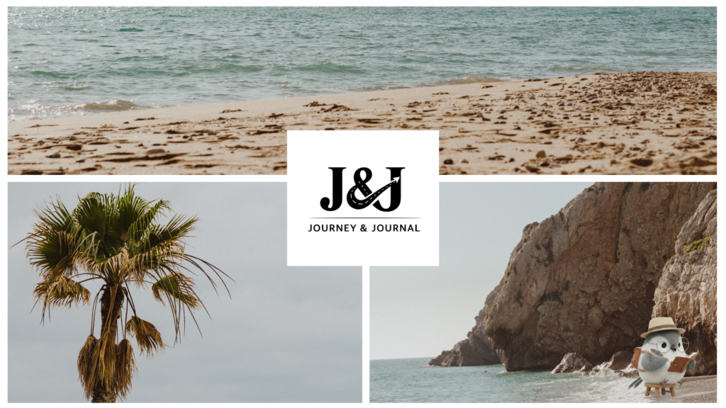 Journey & Journal banner featuring beach scenes, a palm tree, and a bird mascot reading by a rocky cliff, with the J&J logo in the center.